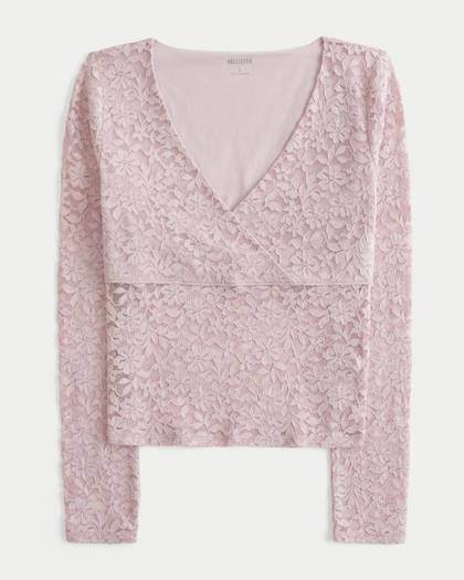 Lace Long-Sleeve Wrap-Front Top