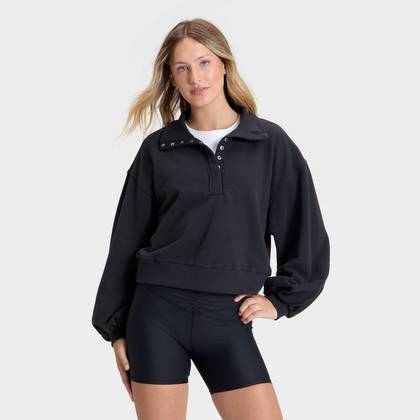 Women's Henley French Terry Sweatshirt - JoyLab™ Black M