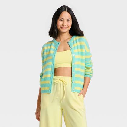 Women's Button-Up Cardigan Sweater - JoyLab™ Aqua Blue/Yellow Stripe XS