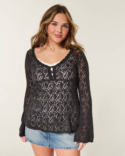Open-Stitch V-Neck Sweater