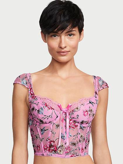 Floral Embroidery Cap-Sleeve Corset Top