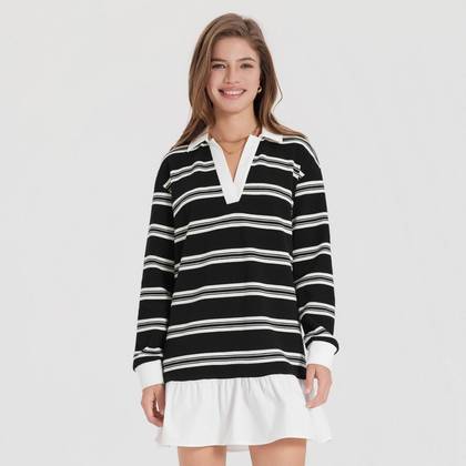 Women's Long Sleeve Mini Polo T-Shirt Dress - A New Day™ Black/White Striped M