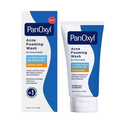 PanOxyl Maximum Strength Antimicrobial Acne Foaming Wash for Face, Chest and Back with 10% Benzoyl Peroxide - Unscented - 5.5oz