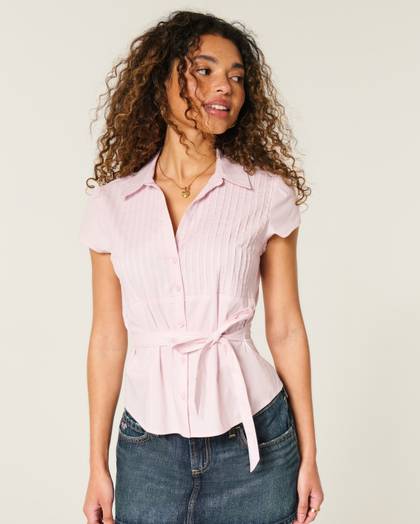 Short-Sleeve Bow Belt Shirt