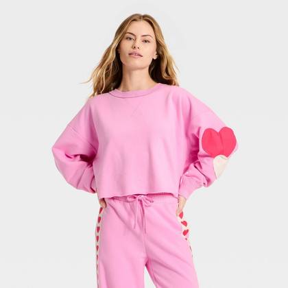 Women's Valentine's Day Patchwork Crewneck Sweatshirt - JoyLab™ Pink XXS
