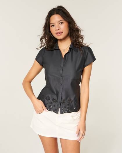 Short-Sleeve Embroidered Hem Shirt
