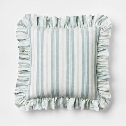Square Woven Stripe Throw Pillow with Ruffle Blue/Ivory - Threshold™ designed with Studio McGee