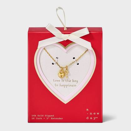 14K Gold Dipped Heart Lock and Key Pendant Necklace - A New Day™ Gold