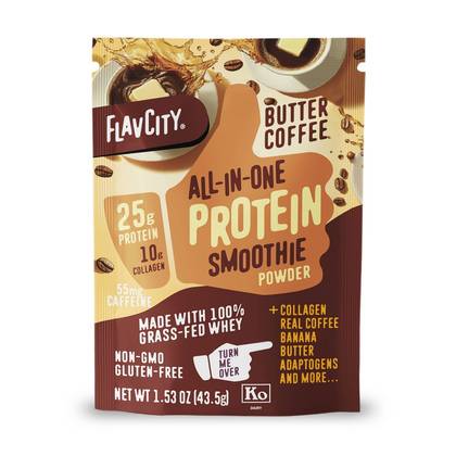 FlavCity Single Serve Protein Smoothie Powder - Butter Coffee - 1.53 oz: Kosher, High Protein, Grass Fed, Soy-Free