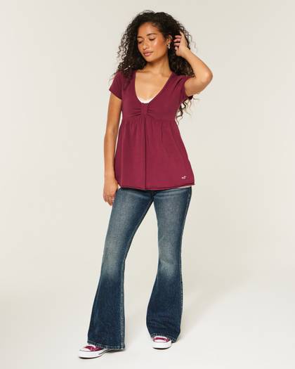 Ultra Low-Rise Dark Wash Butterfly Embroidery Flare Jeans