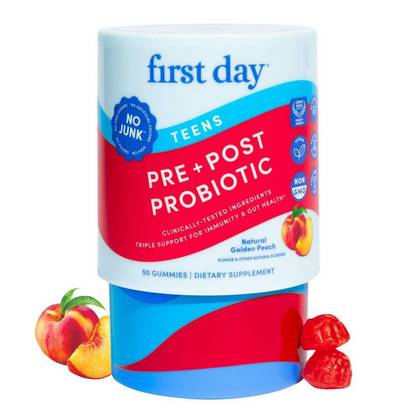 First Day Teens 3-in-1 Probiotic Gummies for Ages 13-17, Prebiotic + Probiotic + Postbiotic Supplement - 50 ct