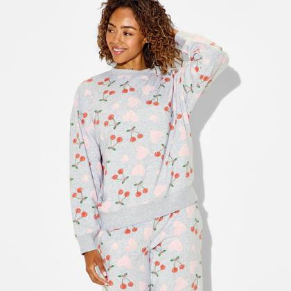 Women's Cherry Heart Fleece Graphic Pullover Sweatshirt - Heather Gray L