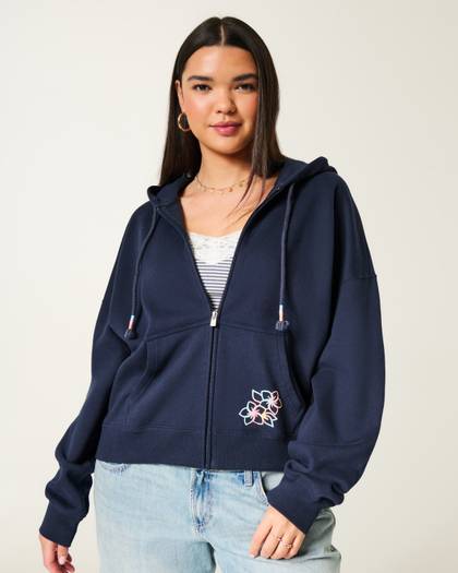 Hollister Feel Good Easy Floral Graphic Zip-Up Hoodie