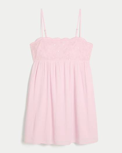 Embroidered Sequin Babydoll Mini Dress