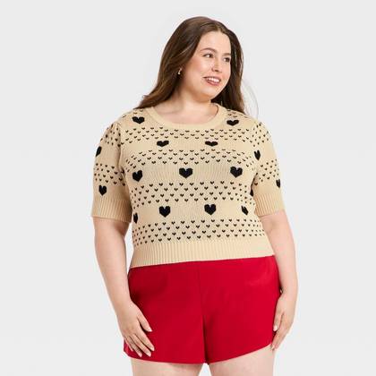 Women's Elbow Sleeve Valentine's Day Hearts Crewneck Pullover Sweater - Universal Thread™ Taupe 3X