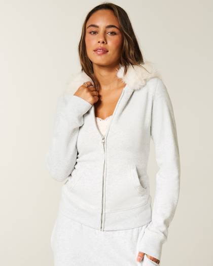 Hollister Feel Good Faux Fur Trim Zip-Up Hoodie