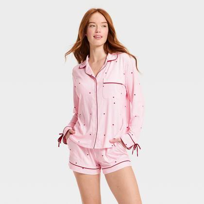 Women's Jersey Long Sleeve Notch Collar Shirt and Shorts Pajama Set - Auden™ Pink Striped L
