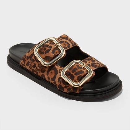 Women's Collin Slide Sandals - Universal Thread™ Brown Leopard 8.5: Faux Suede, Contoured Footbed, Open Toe