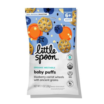 Little Spoon Organic Blueberry Carrot Wheel Baby Puffs – 1oz: Toddler Ready to Eat Snack, From 6 Months, Bag