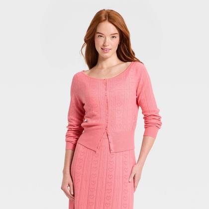 Women's Valentine's Long Sleeve Pointelle Heart Cardigan - A New Day™ Pink L