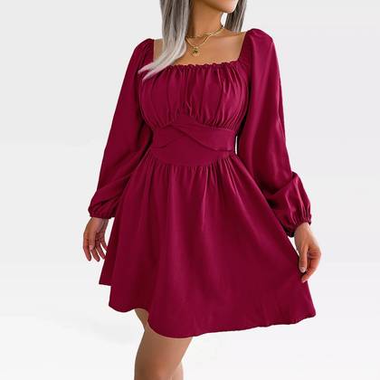 Womens Long Sleeve Dress Square Neck Smocked Dress Babydoll Dress Flowy Mini Dress Tie Back Dress Strappy Dress, Burgundy - S