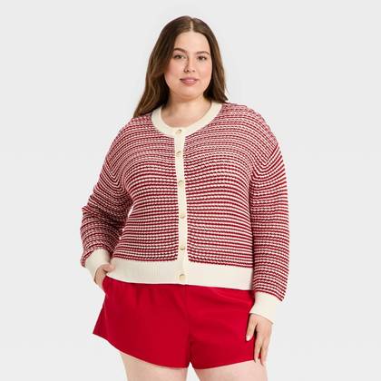 Women's Valentine's Day Cardigan Sweater - Universal Thread™ Red Striped 3X