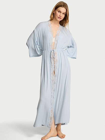 SoSoft™ Modal Ribbed Lace-Trim Long Robe