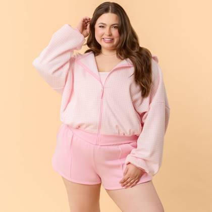 Blogilates Women's Marshmallow Full Zip Hooded Sweatshirt - Pink Gingham 3X