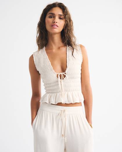 Smocked Tie-Front Set Top