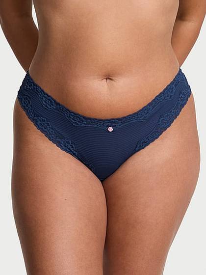 Cotton Shadow Stripe Lace-Waist Thong Panty