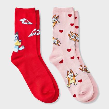 Women's Bluey Valentine's Day Giftable 2pk Crew Socks - Red/Pink 4-10