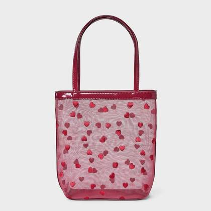 Valentine's Day Heart Embroidered Mesh Tote Handbag - A New Day™ Red