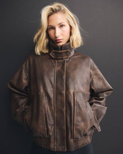 Funnel Neck Vegan Leather Bomber Jacket