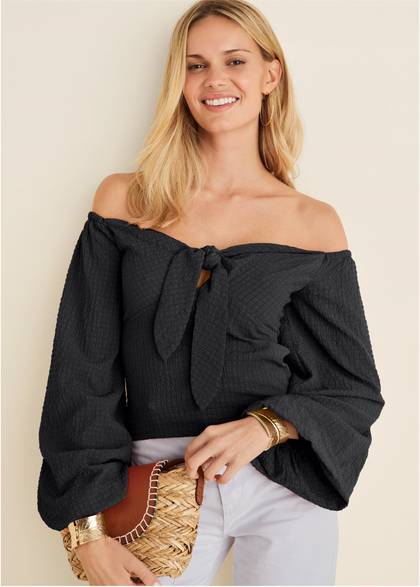 Textured Tie Front Top - Black