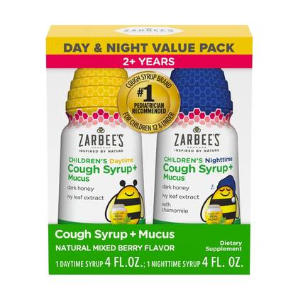 Zarbee's Kid's Cough + Mucus Day/Night with Honey, Ivy Leaf, Zinc & Elderberry: Drug-Free, 2 Pack