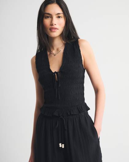 Smocked Tie-Front Set Top