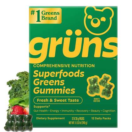 Grüns Adult Low Sugar Superfoods Greens Gummies - 240g/12 Servings: Gluten-Free, Dairy-Free, Vegan