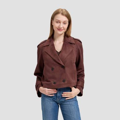 Women's Faux Suede Cropped Trench Coat - Universal Thread™ Brown XL