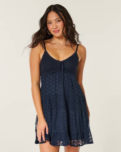Crochet-Style Babydoll Mini Dress