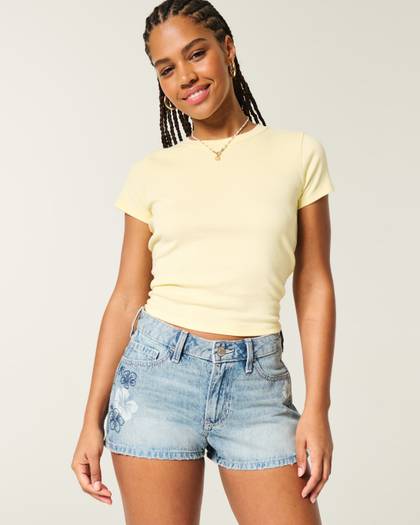 Curvy High-Rise Hibiscus Graphic Denim A-Line Shorts