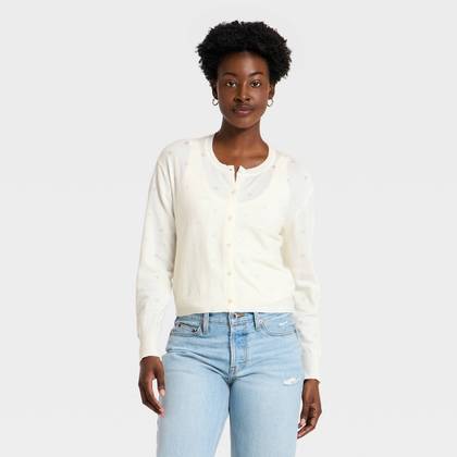 Women's Pointelle Button-Down Cardigan - A New Day™ Cream XS