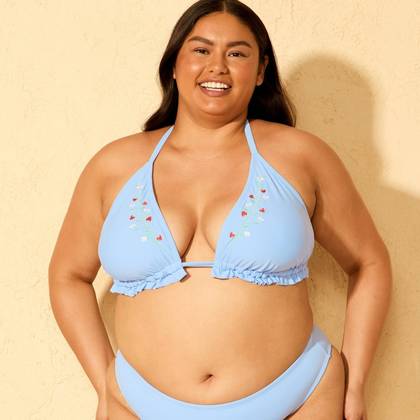 Women's Embroidered Strawberry Medium Coverage Tall Triangle Bikini Top - Wild Fable™ Light Blue X