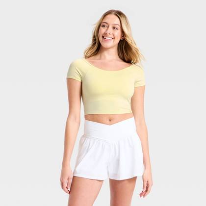 Women's Seamless Cropped Short Sleeve Support Top - JoyLab™ Yellow M