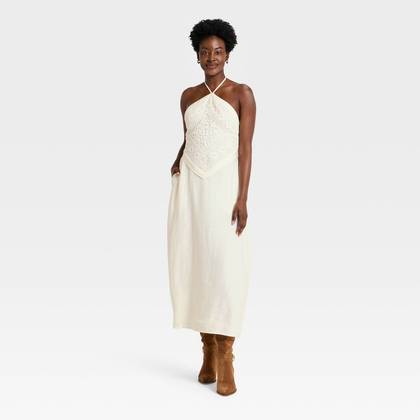 Women's Sleeveless Embroidered Midi Skater Dress - A New Day™ Cream XL