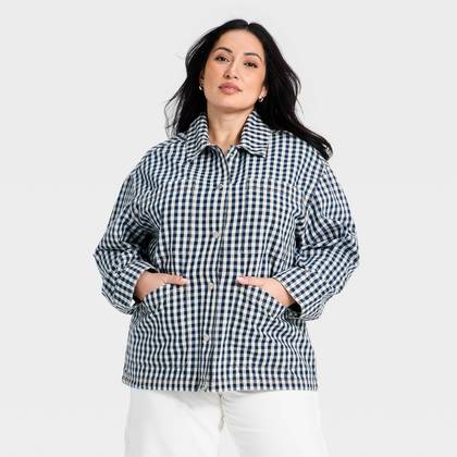 Women's Western Denim Chore Coat - Universal Thread™ Blue Gingham 1X