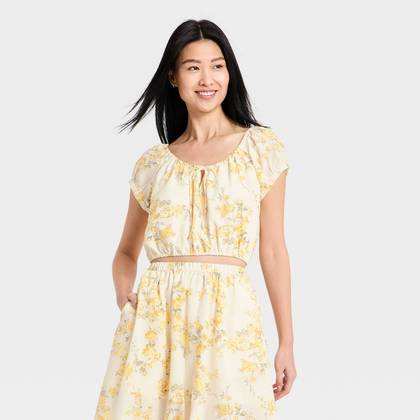 Women's Short Puff Sleeve Tie Top - A New Day™ White Floral XS