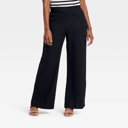Women's Linen Wide Leg Pull-On Pants - A New Day™ Black XS