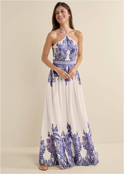 Printed Linen Maxi Dress - White Multi