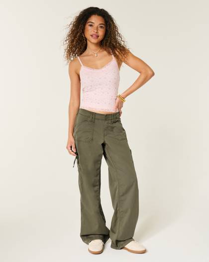 Low-Rise Lace Trim Baggy Pants