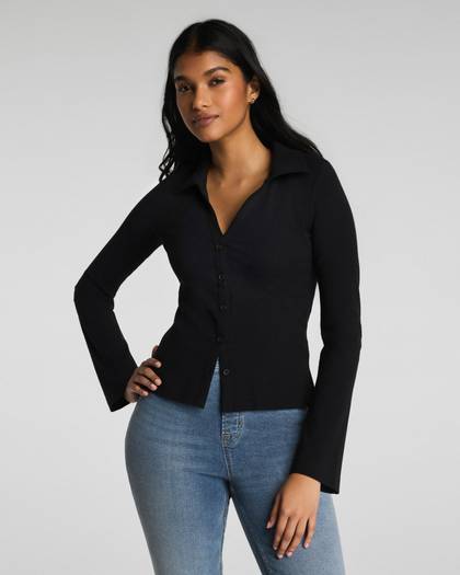 SPANX® Ribbed Knit Button Down | Classic Black - Black